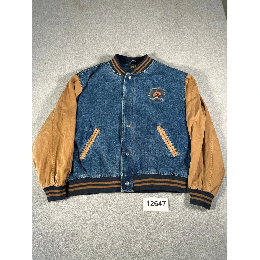 Dunbrooke Varsity Jacket Mens XL Blue Denim Tan Canvas Good Wolfe's Embroidered